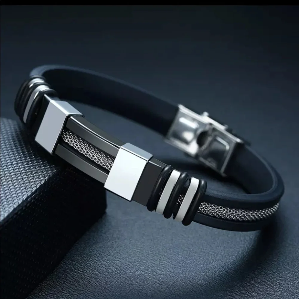 Water resistant Groove Wrap Men Metal Poly Stainless Steel Duo Bracelet